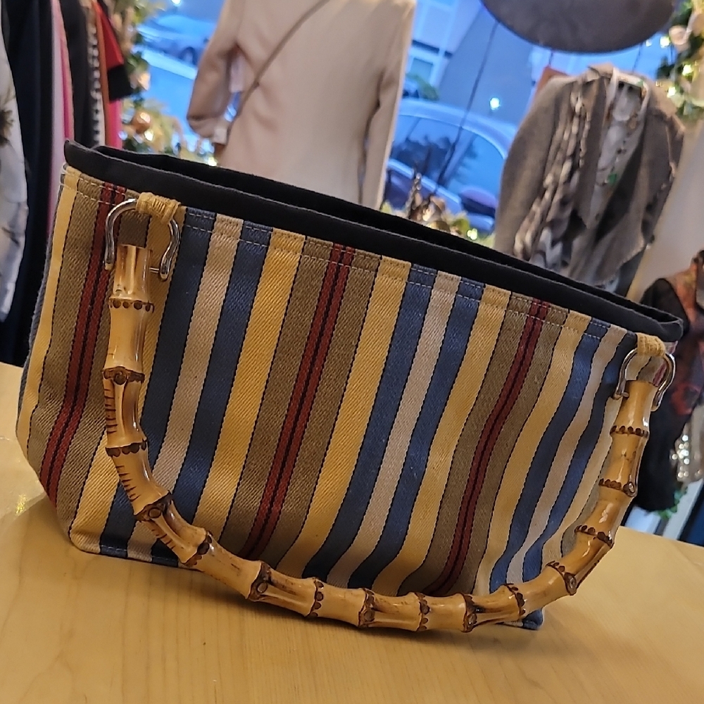 Striped Bamboo Handle Shoulder Bag